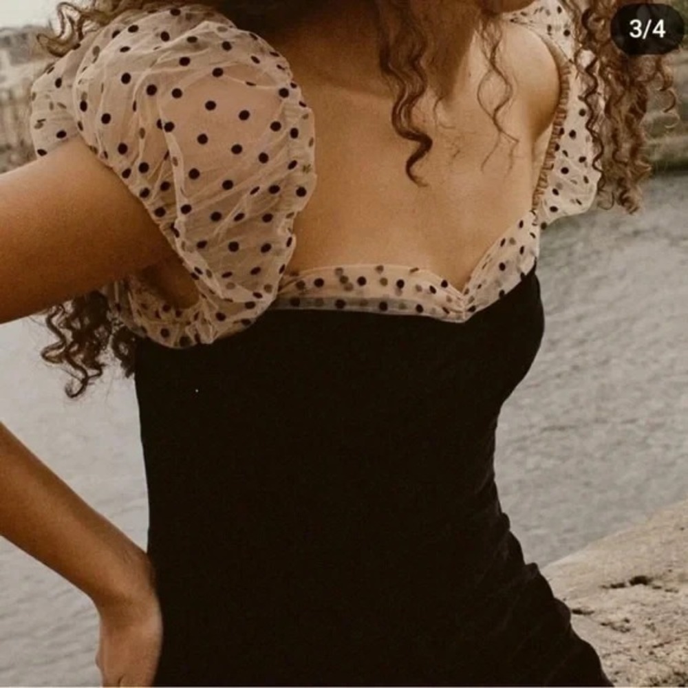 Camila Coelho Heirloom Velvet Tulle Puff Sleeve Flocked Dot Dress Black SMALL S - Picture 3 of 10